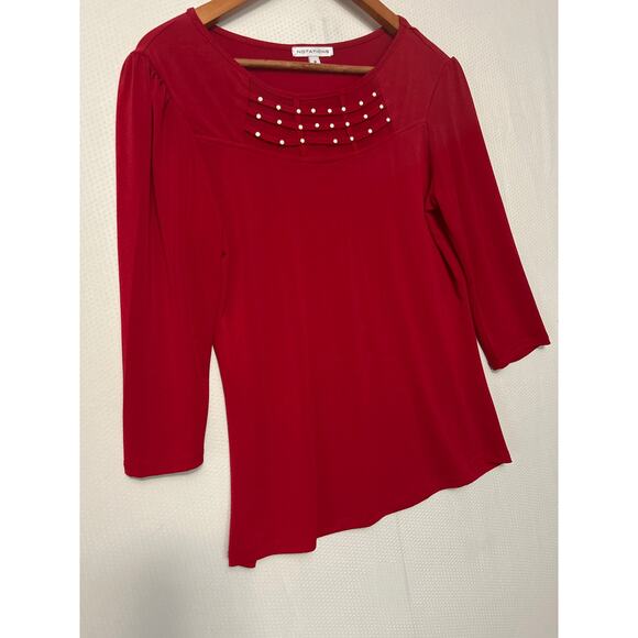 Notations Red 3/4 Sleeve Embellished Scoop Neck Mesh Insert Blouse Size Medium - Picture 4 of 10
